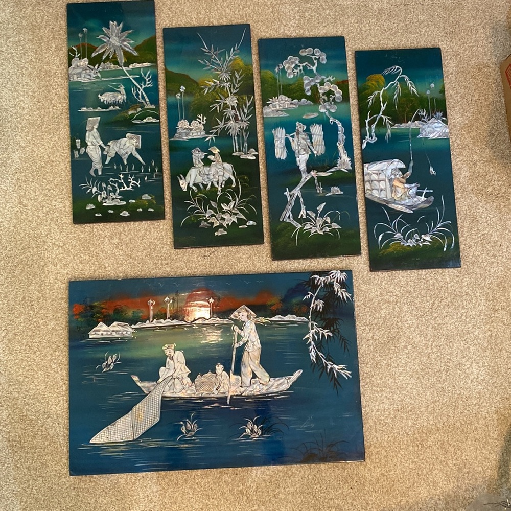 5Mother of pearl inlayed asian lacquered pictures